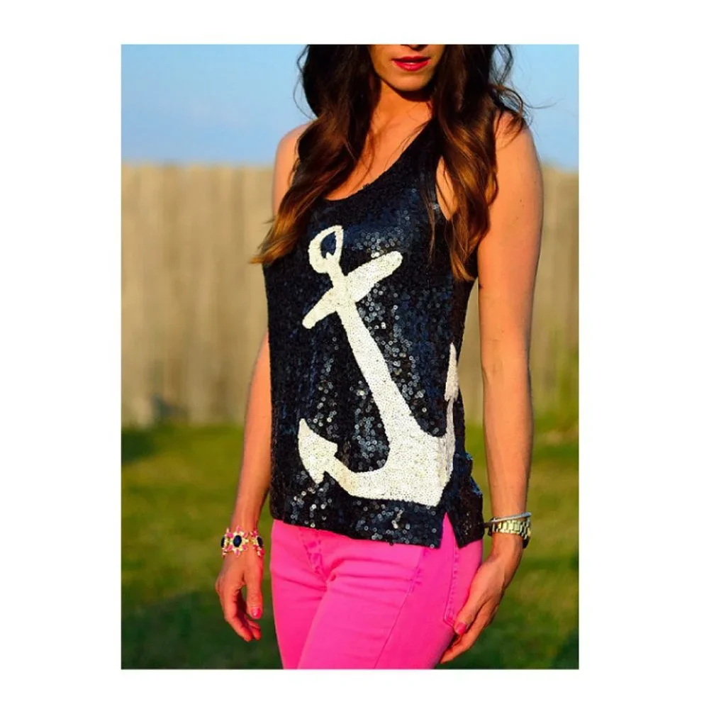 J. Crew Sequin Anchor Nautical Racerback Tank Top - Picture 3 of 14